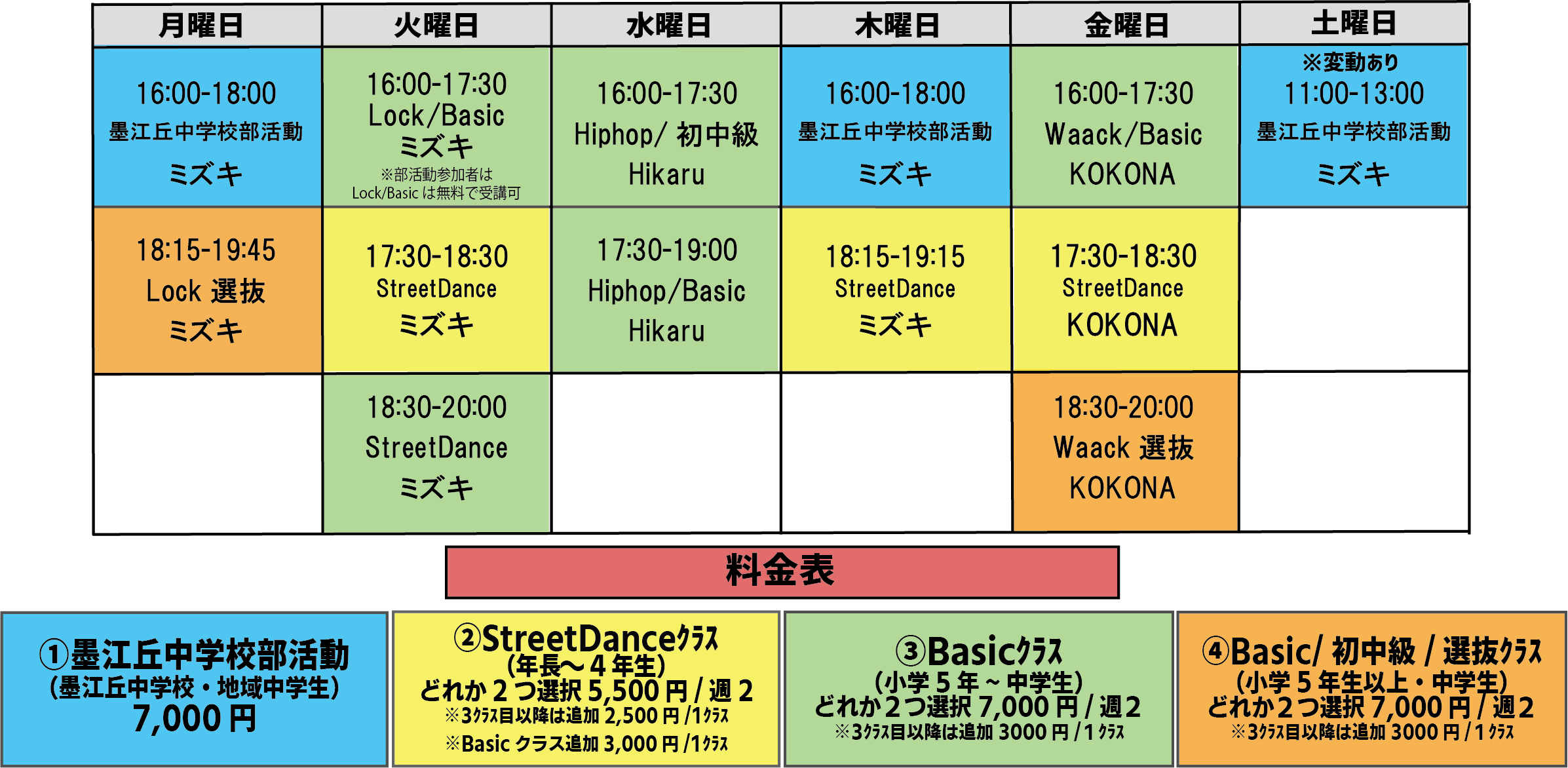 墨江丘校料金表(HP)